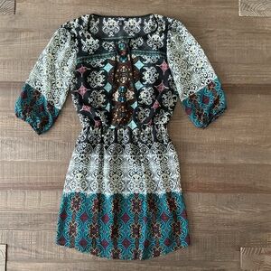 BeBop Womens Multicolor Batik Print Balloon Sleeve A-Line Dress Size Small